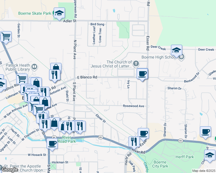 map of restaurants, bars, coffee shops, grocery stores, and more near 116 Village Cove in Boerne