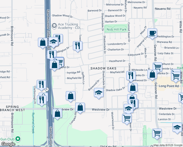 map of restaurants, bars, coffee shops, grocery stores, and more near 10518 Mayfield Road in Houston