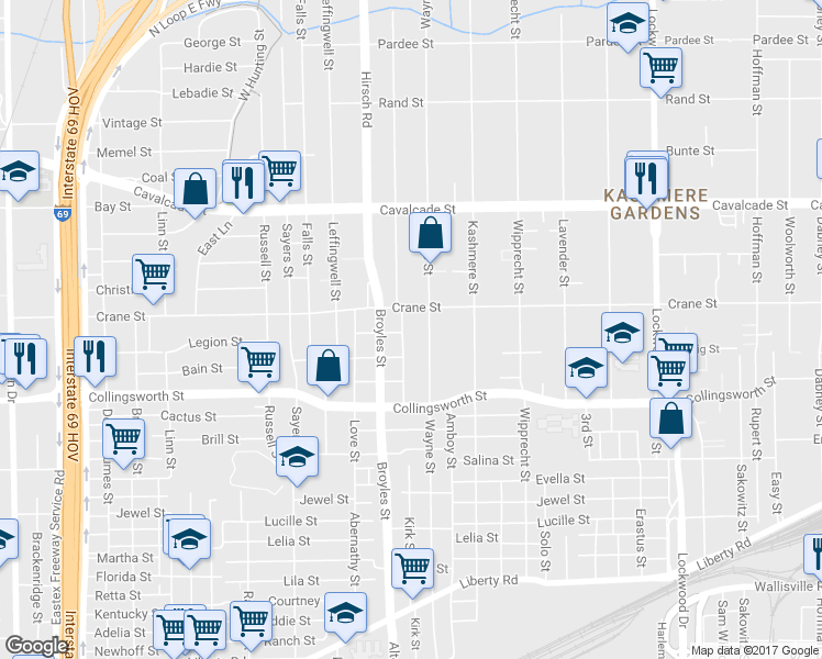 map of restaurants, bars, coffee shops, grocery stores, and more near 3822 Los Angeles Street in Houston