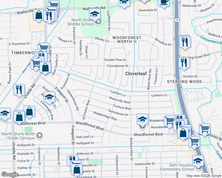 map of restaurants, bars, coffee shops, grocery stores, and more near 14015 Lantern Lane in Houston