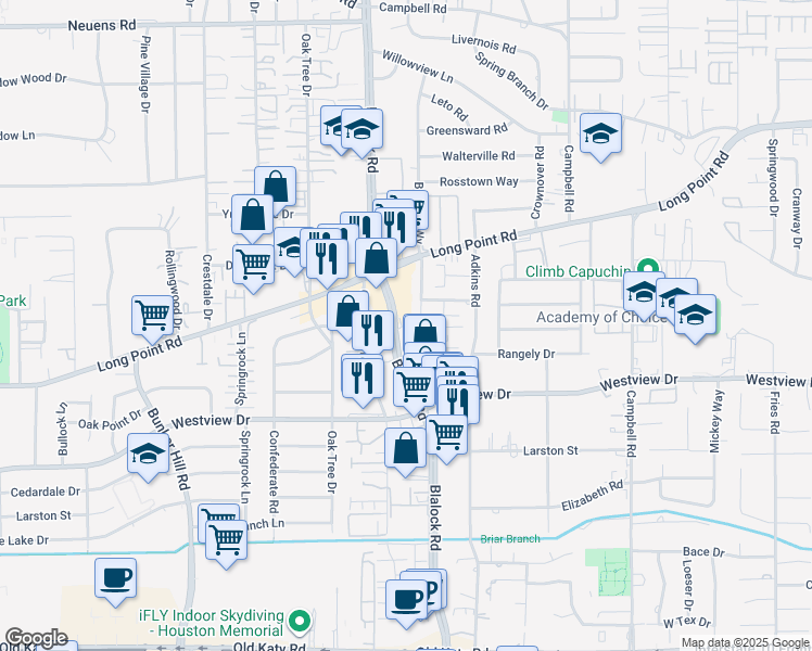 map of restaurants, bars, coffee shops, grocery stores, and more near 1428 Blalock Road in Houston