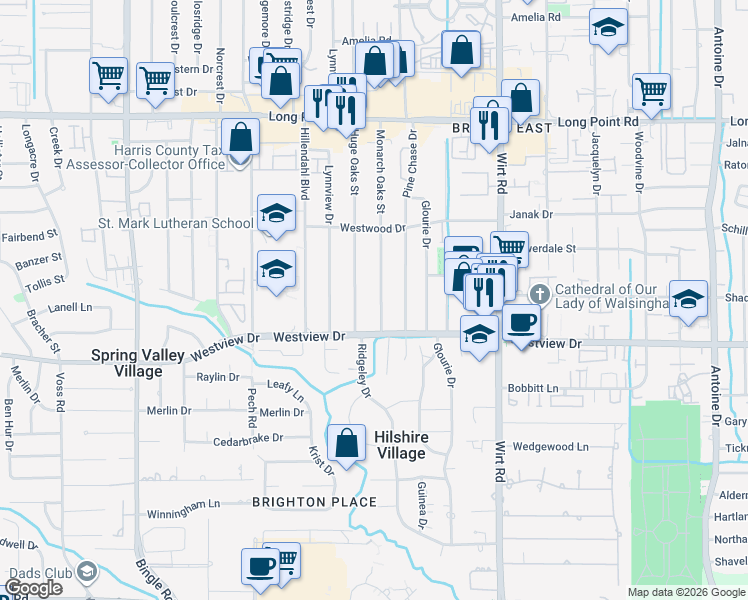 map of restaurants, bars, coffee shops, grocery stores, and more near 1409 Monarch Oaks Street in Houston