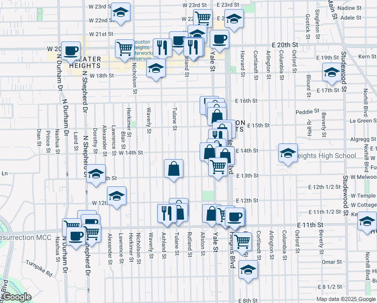 map of restaurants, bars, coffee shops, grocery stores, and more near Rutland Street in Houston