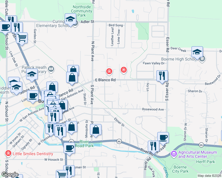 map of restaurants, bars, coffee shops, grocery stores, and more near 217 Dawnridge Street in Boerne