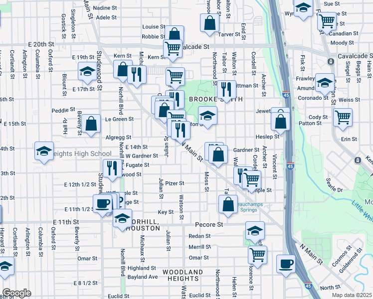 map of restaurants, bars, coffee shops, grocery stores, and more near 4513 North Main Street in Houston