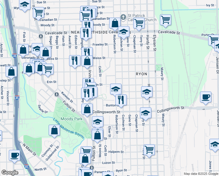 map of restaurants, bars, coffee shops, grocery stores, and more near 1012 Shelby Street in Houston