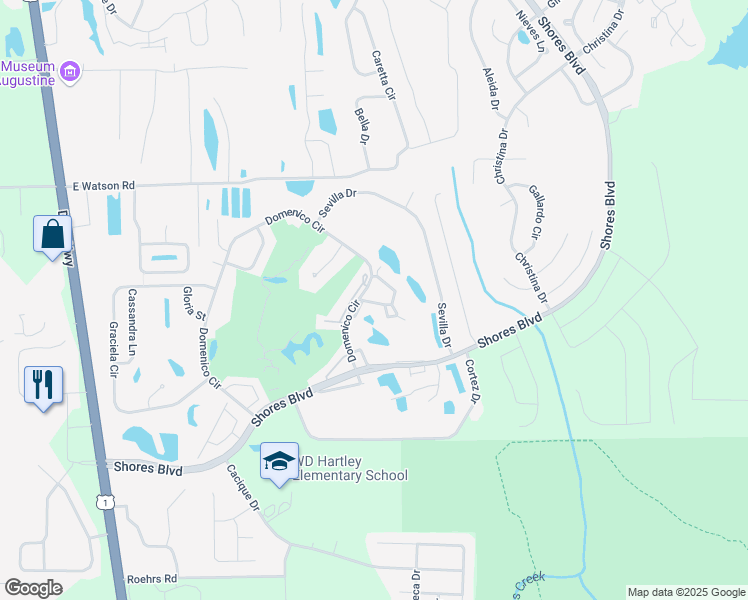 map of restaurants, bars, coffee shops, grocery stores, and more near 105 Augusta Circle in St. Augustine