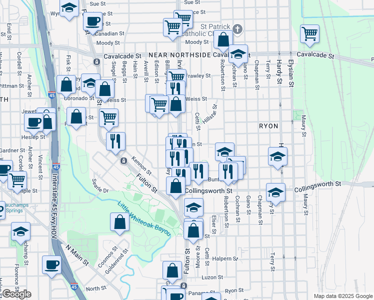 map of restaurants, bars, coffee shops, grocery stores, and more near 3915 Irvington Boulevard in Houston