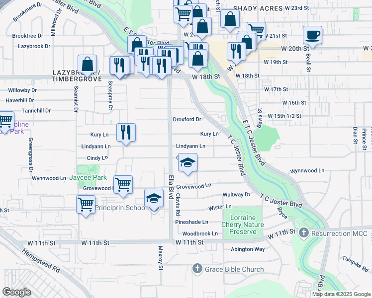 map of restaurants, bars, coffee shops, grocery stores, and more near 6411 Lindyann Lane in Houston
