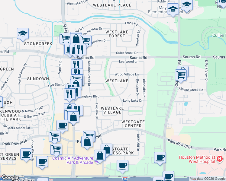 map of restaurants, bars, coffee shops, grocery stores, and more near 2015 Whiteback Drive in Houston