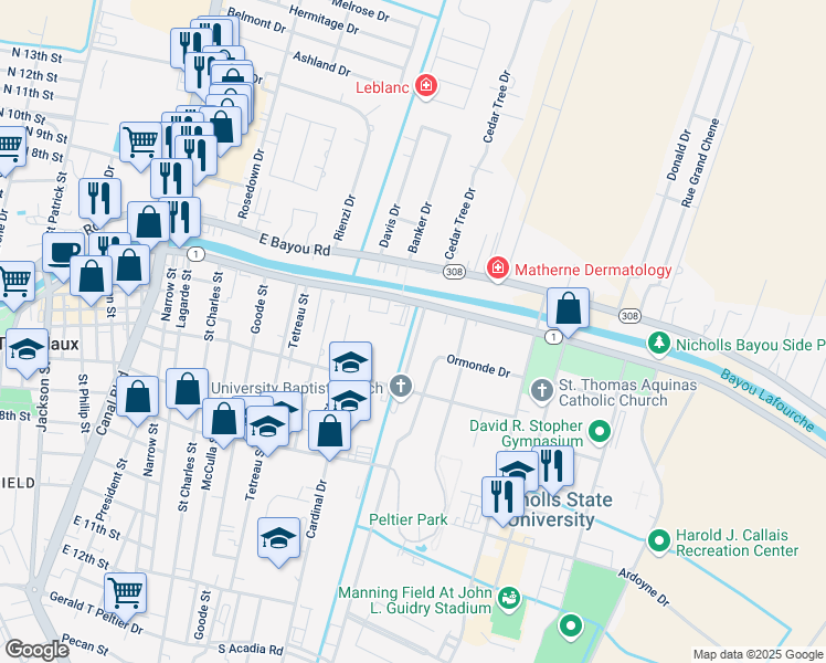 map of restaurants, bars, coffee shops, grocery stores, and more near 126 Saint Joseph Street in Thibodaux