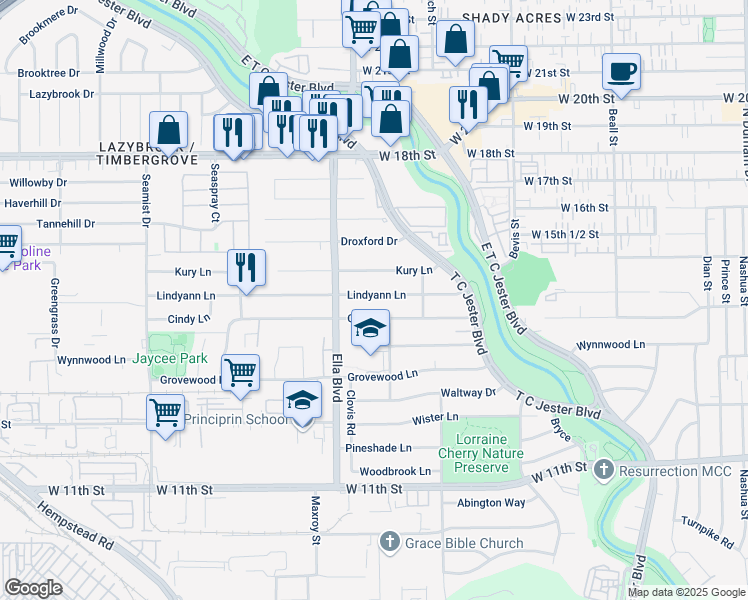 map of restaurants, bars, coffee shops, grocery stores, and more near 6411 Lindyann Lane in Houston