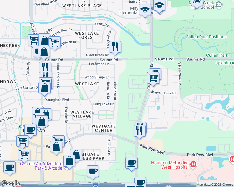 map of restaurants, bars, coffee shops, grocery stores, and more near 2002 Blindlake Drive in Houston