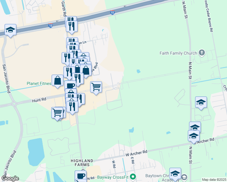 map of restaurants, bars, coffee shops, grocery stores, and more near 825 Hunt Road in Baytown