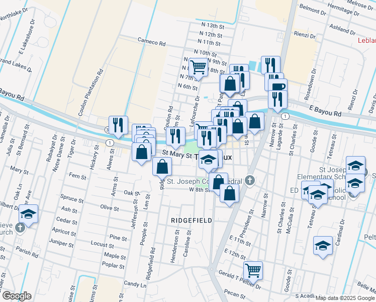 map of restaurants, bars, coffee shops, grocery stores, and more near 314 Saint Mary Street in Thibodaux