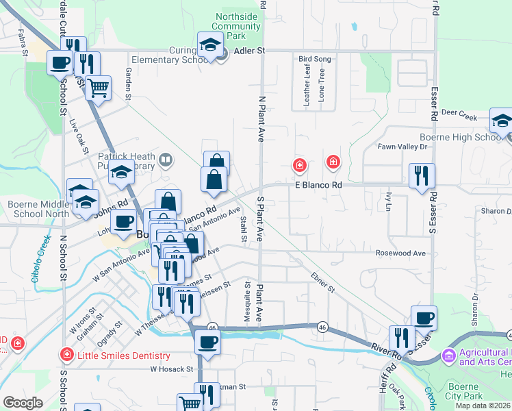 map of restaurants, bars, coffee shops, grocery stores, and more near 114 South Plant Avenue in Boerne