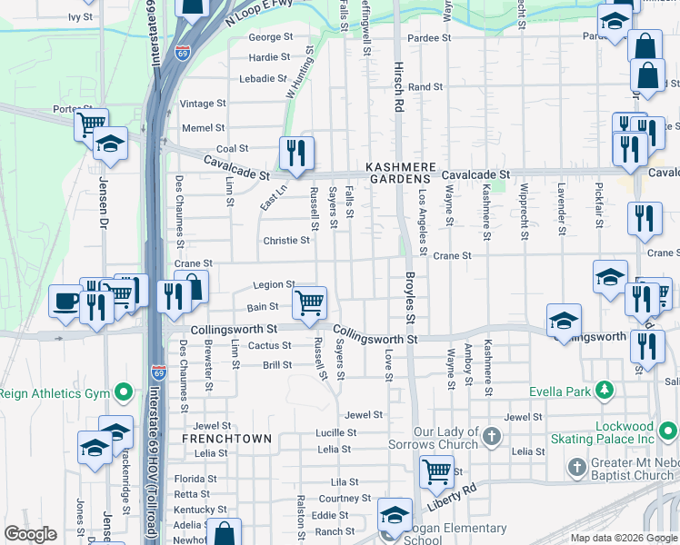 map of restaurants, bars, coffee shops, grocery stores, and more near 3914 Sayers Street in Houston