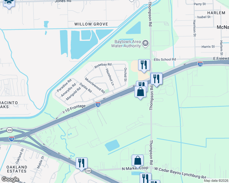 map of restaurants, bars, coffee shops, grocery stores, and more near 1402 Rose Meadow Boulevard in Baytown
