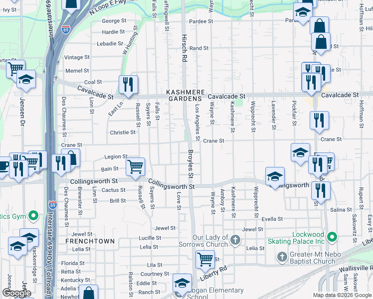 map of restaurants, bars, coffee shops, grocery stores, and more near 3809 Broyles Street in Houston