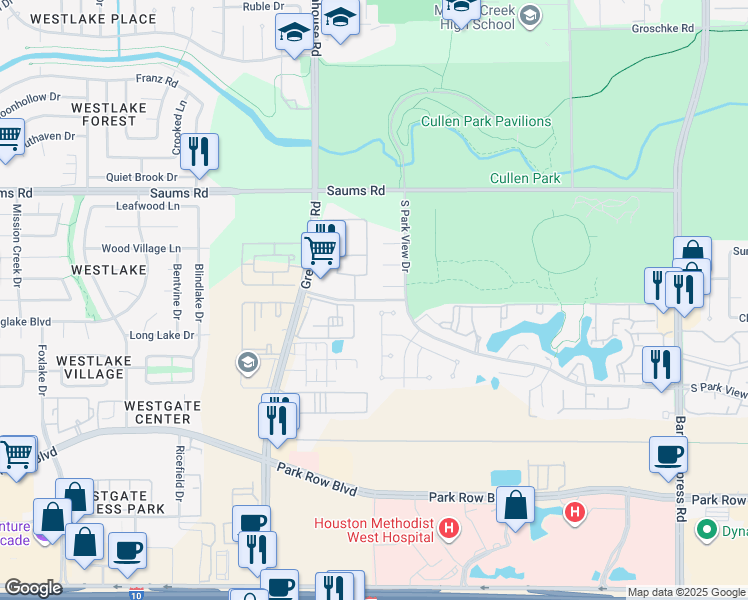 map of restaurants, bars, coffee shops, grocery stores, and more near 18920 Mayde Creek Road in Houston
