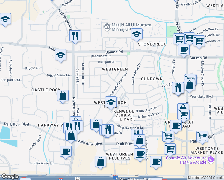 map of restaurants, bars, coffee shops, grocery stores, and more near 20130 Telegraph Square Lane in Katy