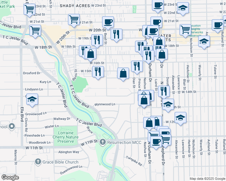 map of restaurants, bars, coffee shops, grocery stores, and more near 1904 West 14th 1/2 Street in Houston