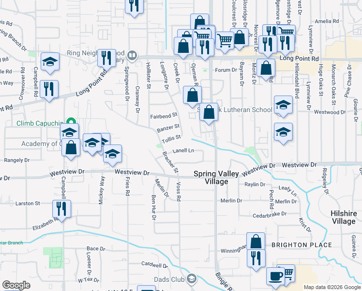 map of restaurants, bars, coffee shops, grocery stores, and more near 8718 Lanell Lane in Houston