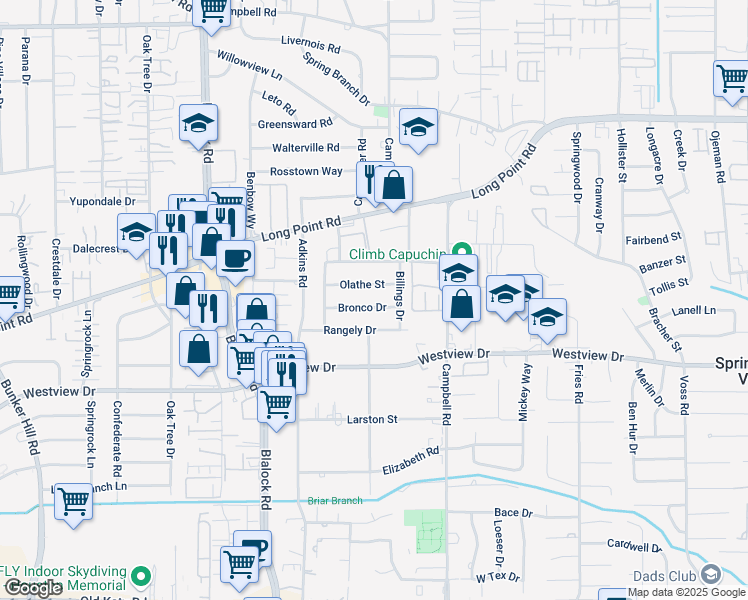 map of restaurants, bars, coffee shops, grocery stores, and more near 9142 Bronco Drive in Houston