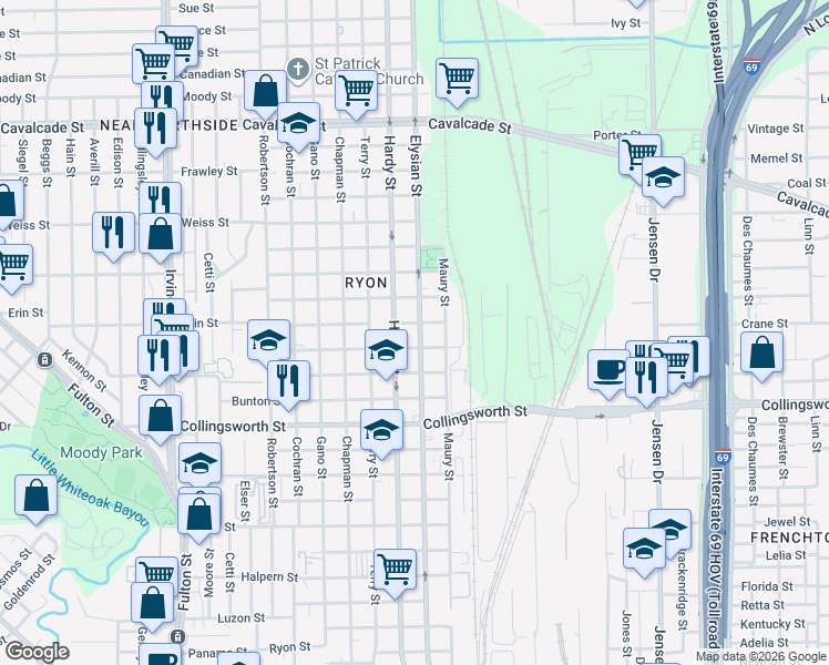 map of restaurants, bars, coffee shops, grocery stores, and more near 3902 Hardy Street in Houston