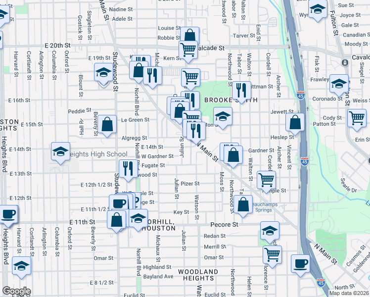 map of restaurants, bars, coffee shops, grocery stores, and more near 4308 Julian Street in Houston