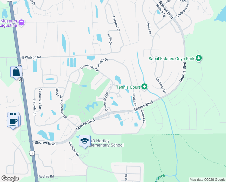 map of restaurants, bars, coffee shops, grocery stores, and more near 105 Augusta Circle in St. Augustine