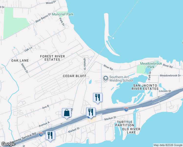 map of restaurants, bars, coffee shops, grocery stores, and more near 330 River Road in Channelview