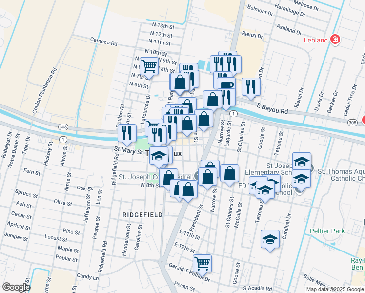 map of restaurants, bars, coffee shops, grocery stores, and more near 506 Saint Philip Street in Thibodaux