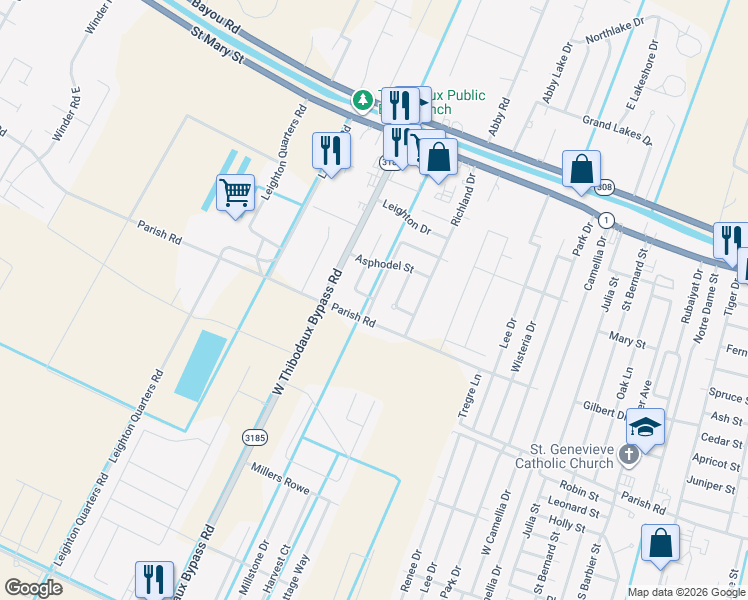 map of restaurants, bars, coffee shops, grocery stores, and more near 104 Belle Helene St in Thibodaux