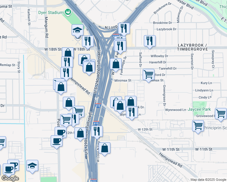 map of restaurants, bars, coffee shops, grocery stores, and more near 2734 Katri Way in Houston