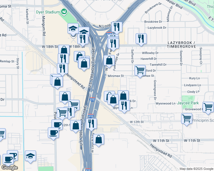 map of restaurants, bars, coffee shops, grocery stores, and more near 2734 Katri Way in Houston