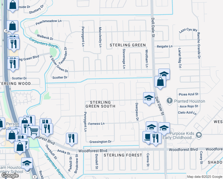 map of restaurants, bars, coffee shops, grocery stores, and more near 1125 Willersley Lane in Channelview