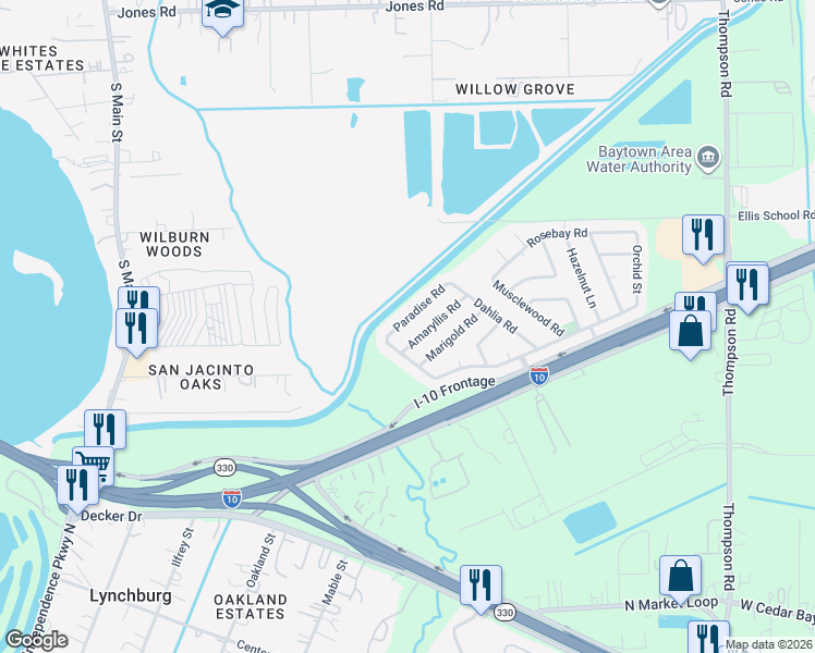 map of restaurants, bars, coffee shops, grocery stores, and more near 815 Amaryllis Road in Baytown