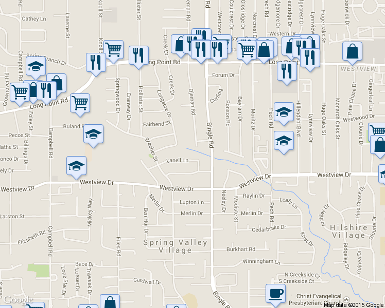 map of restaurants, bars, coffee shops, grocery stores, and more near 8622 Lanell Ln in Houston