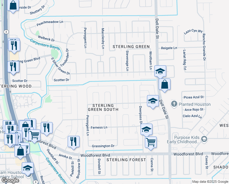 map of restaurants, bars, coffee shops, grocery stores, and more near 1125 Willersley Lane in Channelview