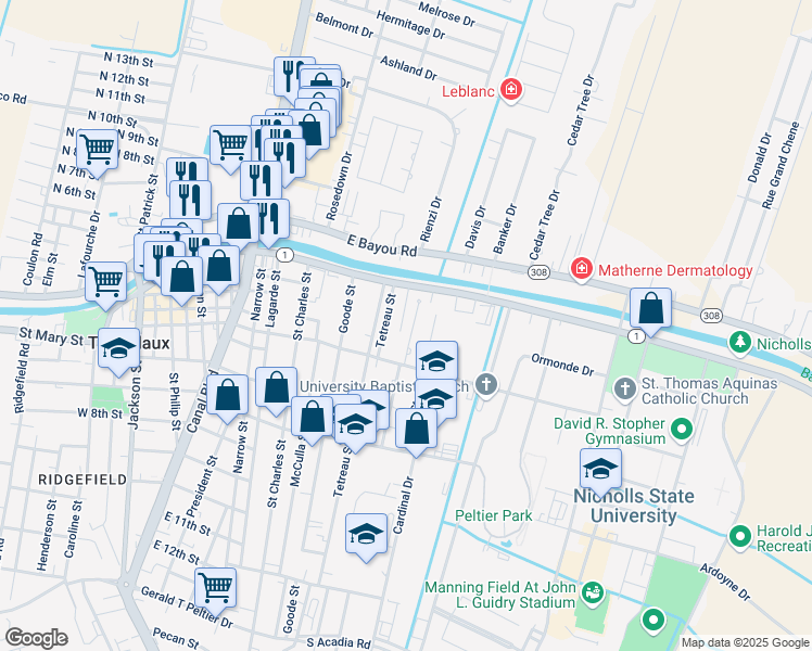 map of restaurants, bars, coffee shops, grocery stores, and more near 108 Menard Place in Thibodaux