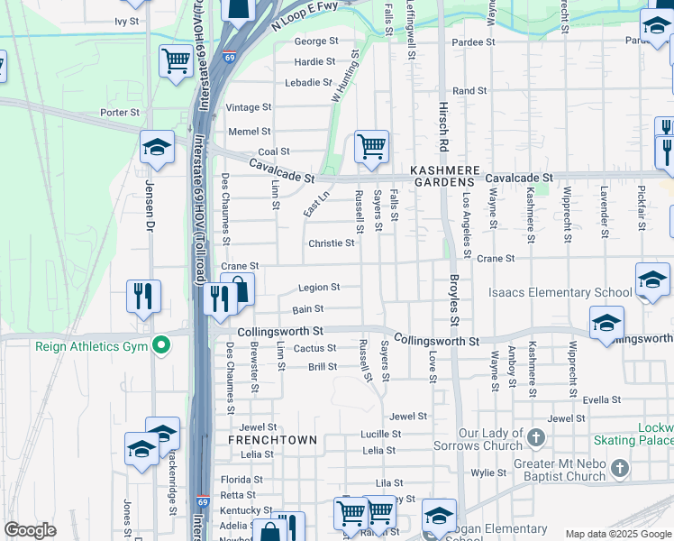 map of restaurants, bars, coffee shops, grocery stores, and more near 3613 Legion Street in Houston