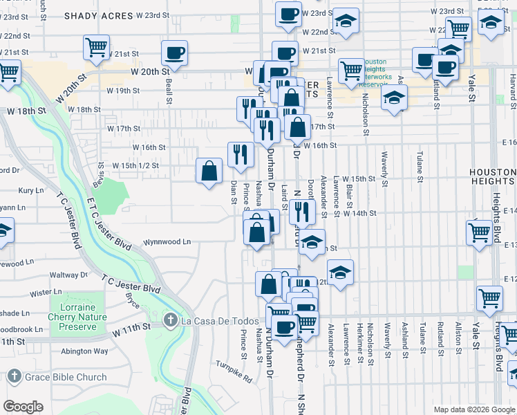 map of restaurants, bars, coffee shops, grocery stores, and more near 1505 West 14th Street in Houston