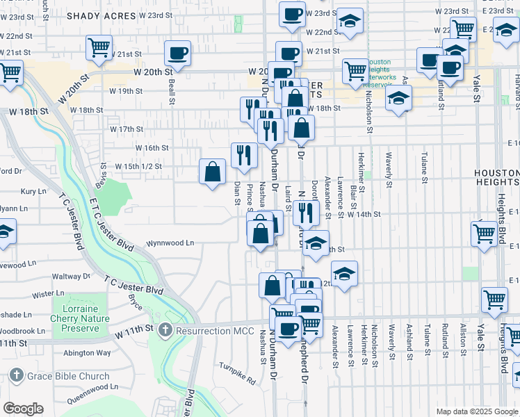 map of restaurants, bars, coffee shops, grocery stores, and more near 1505 West 14th Street in Houston