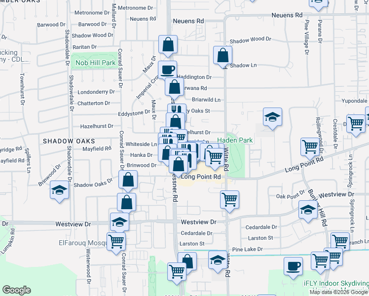 map of restaurants, bars, coffee shops, grocery stores, and more near 1421 Longhorn Drive in Houston