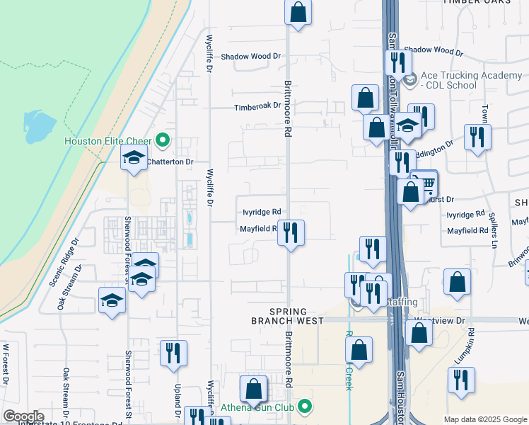 map of restaurants, bars, coffee shops, grocery stores, and more near 10918 Mayfield Road in Houston