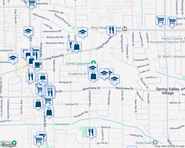 map of restaurants, bars, coffee shops, grocery stores, and more near 1467 Campbell Road in Houston