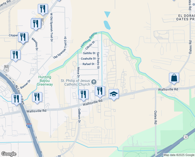 map of restaurants, bars, coffee shops, grocery stores, and more near 9726 Aguila Street in Houston