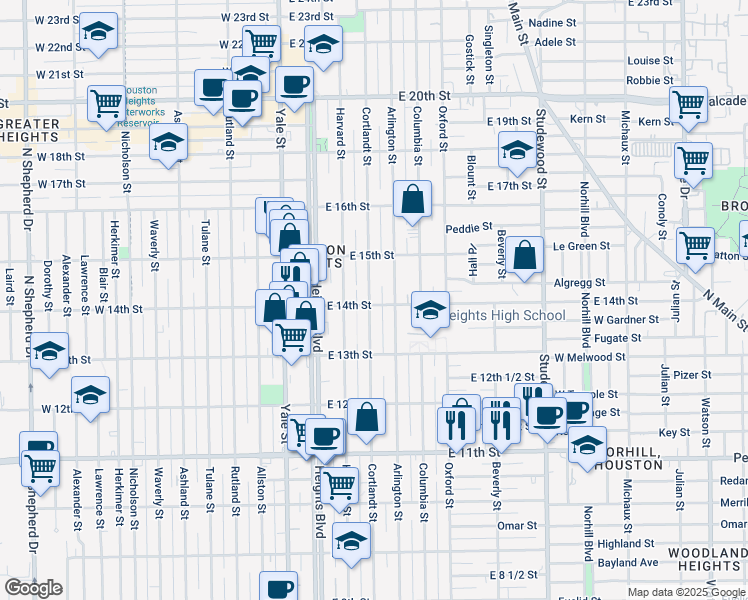map of restaurants, bars, coffee shops, grocery stores, and more near 301 East 14th Street in Houston