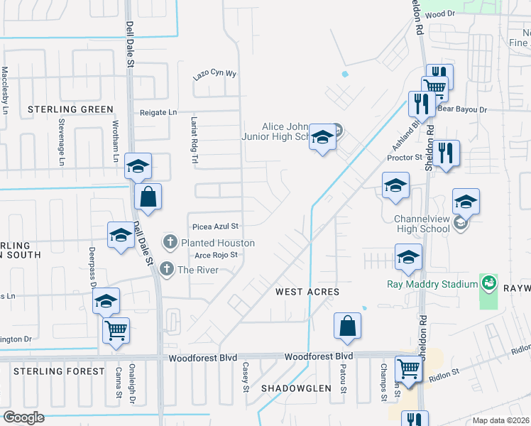 map of restaurants, bars, coffee shops, grocery stores, and more near 15518 Sicomoro Viejo Street in Channelview